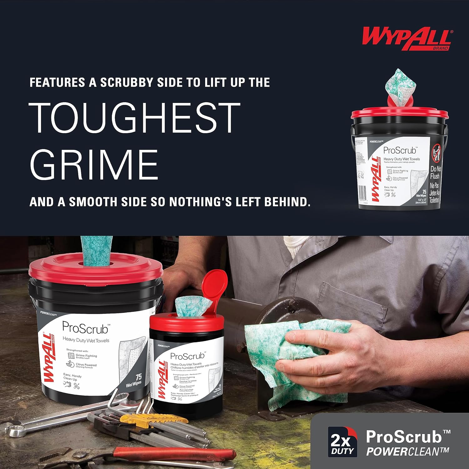 WYPALL Wypall 91371 PowerClean ProScrub Heavy Duty Wet Towels Dual Action Cleaning X-Large Wipes 75 Sheets Bucket