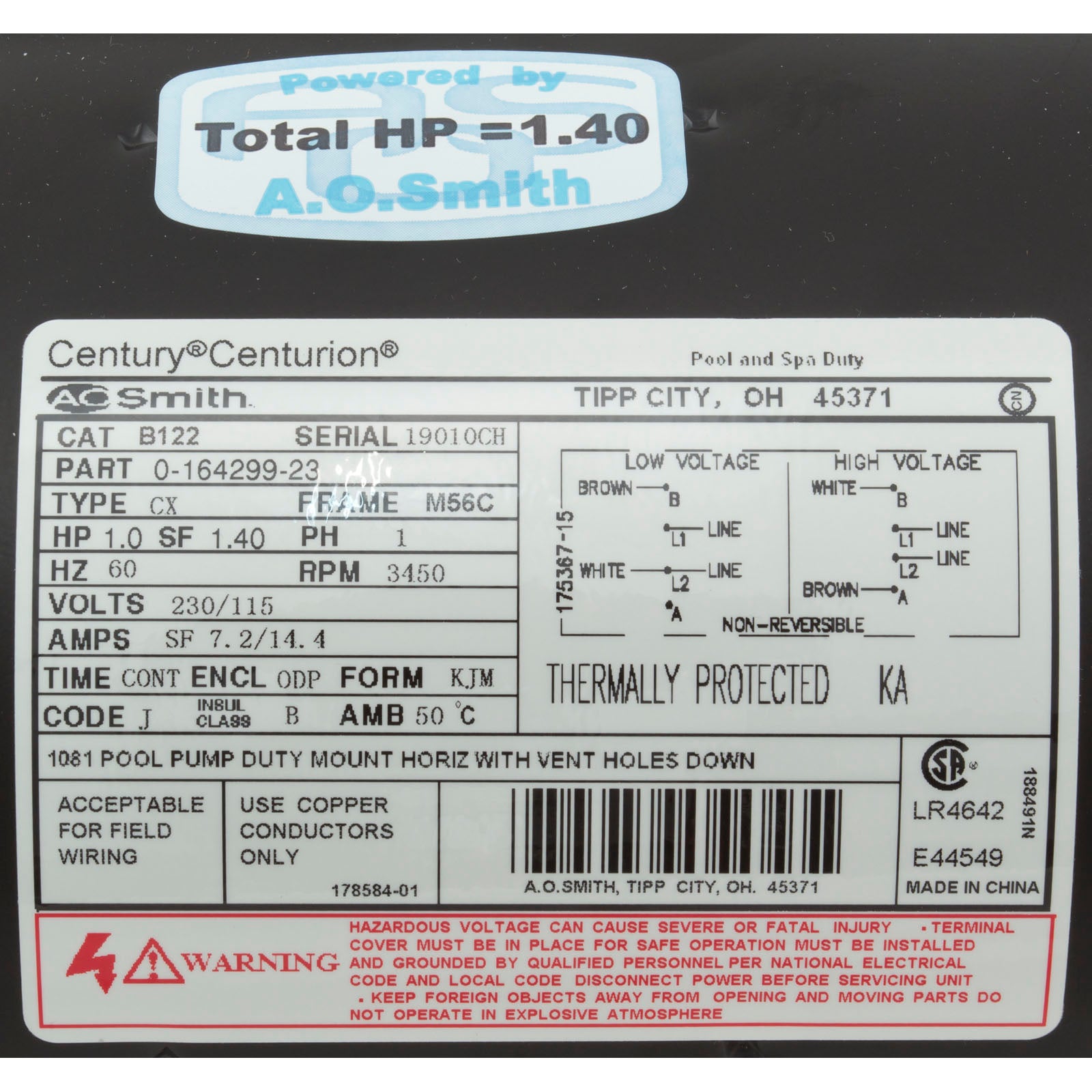 CENTURY MOTORS Century B122 Motor 1.0 HP 115V/230V 1-Spd M56C C-Face Key