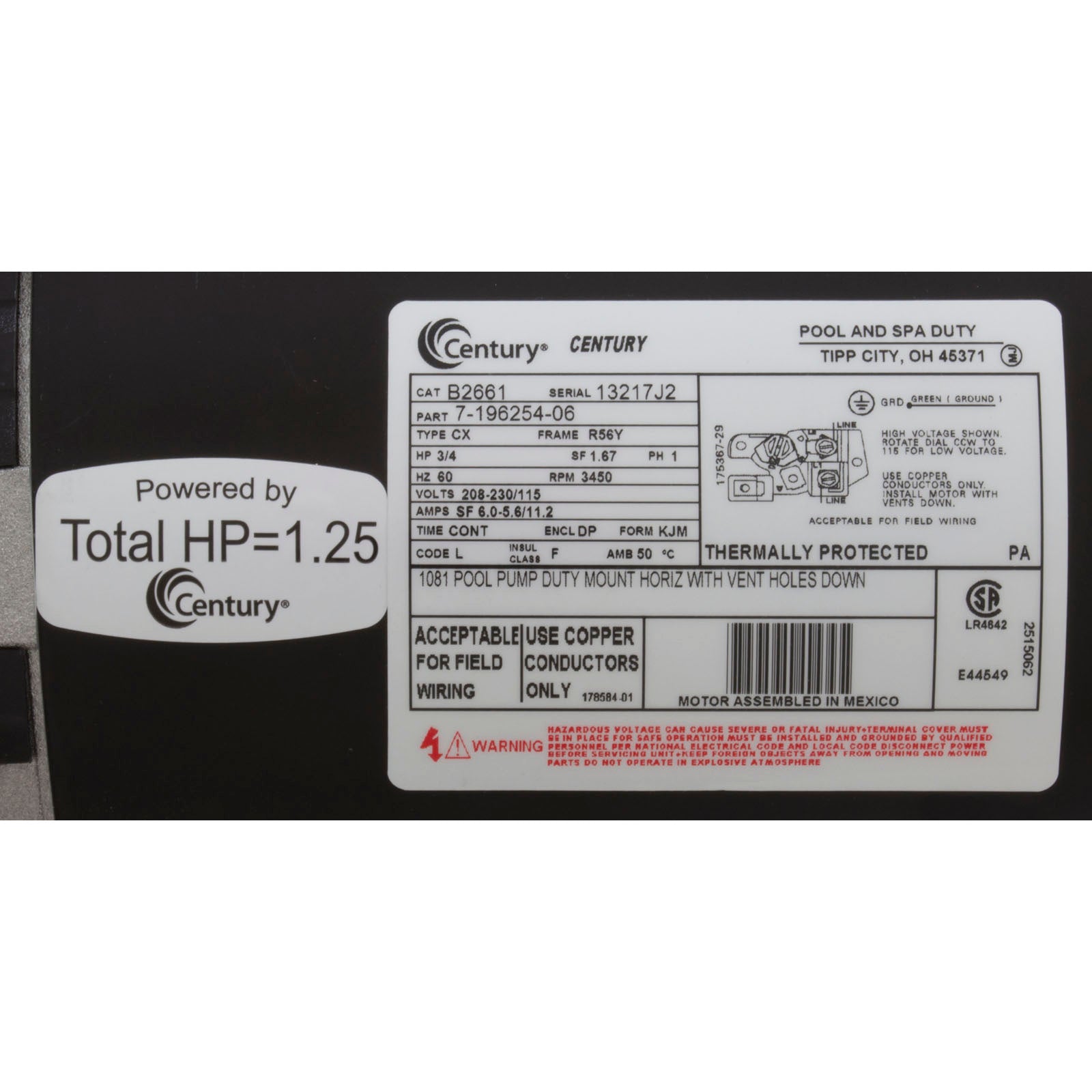 CENTURY MOTORS Regal Rexnord-Century Motors B2661 115/230V 3/4HP Pool Pump Motor 3450RPM