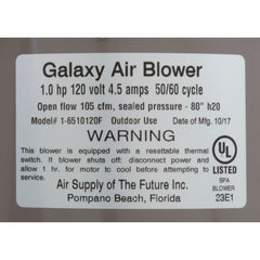 Air Supply 6510131 Blower Galaxy Pro 1.0hp 115v 4.5A Hardwire