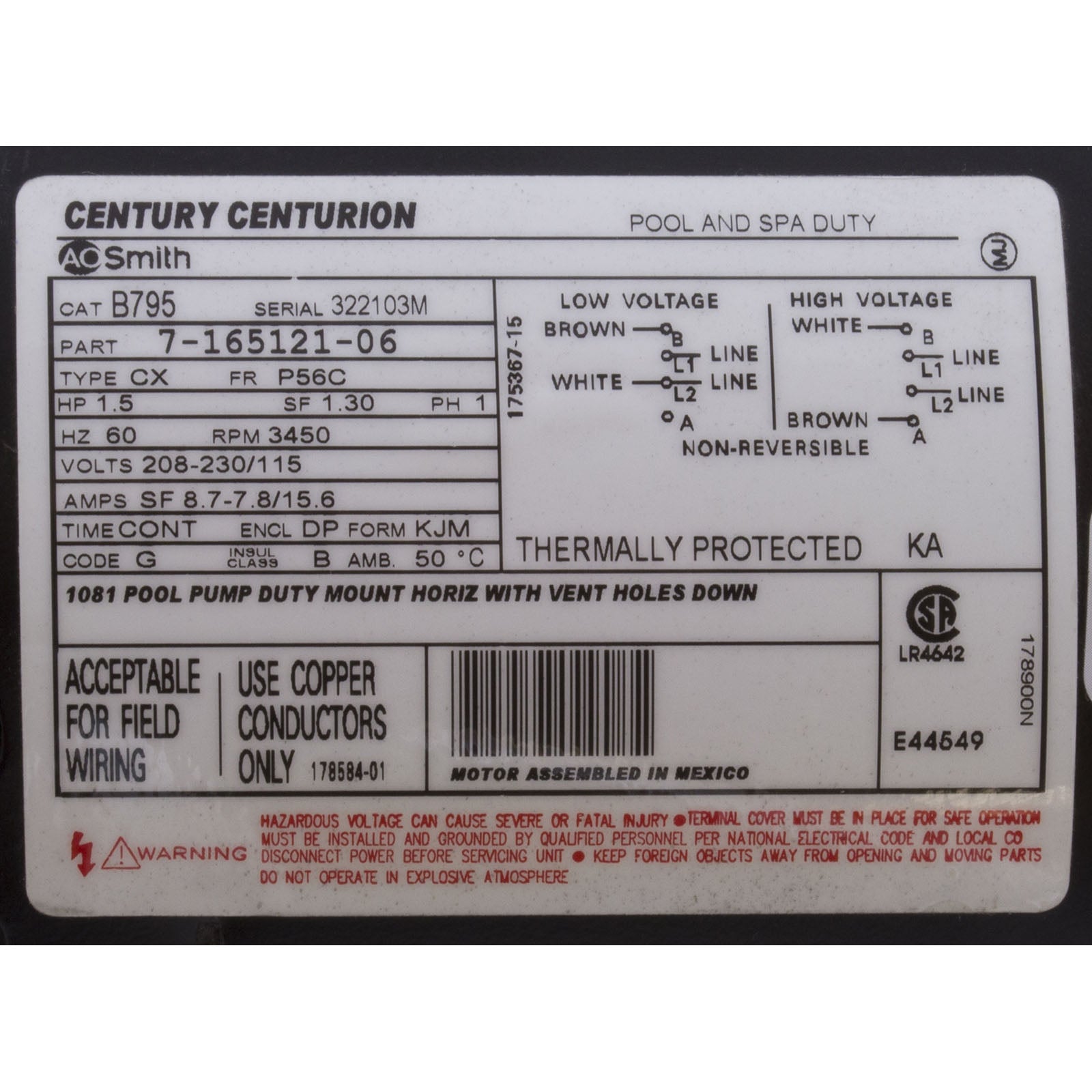 CENTURY MOTORS Century B795 Pool Pump Motor, Permanent Split Capacitor, 1 1/2 HP, 56C Frame, 3,450 Nameplate RPM