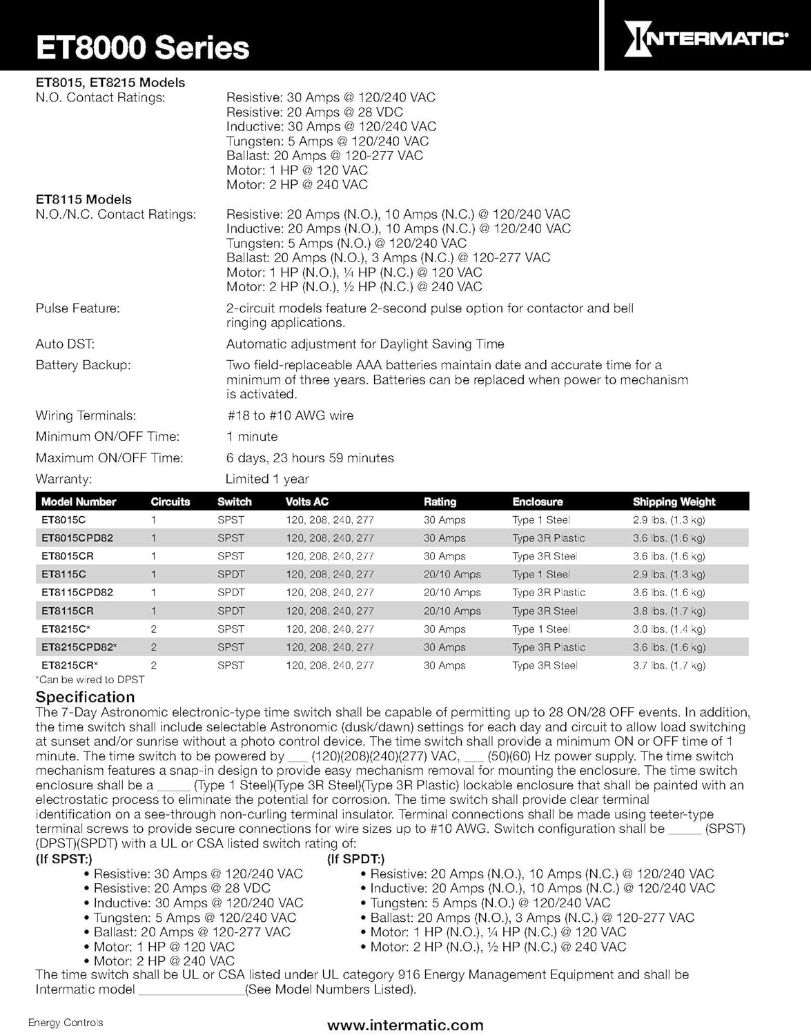 INTERMATIC Intermatic ET8015C 7-Day 30-Amp SPST Electronic Astronomic Time Switch, 120-277 VAC, NEMA 1