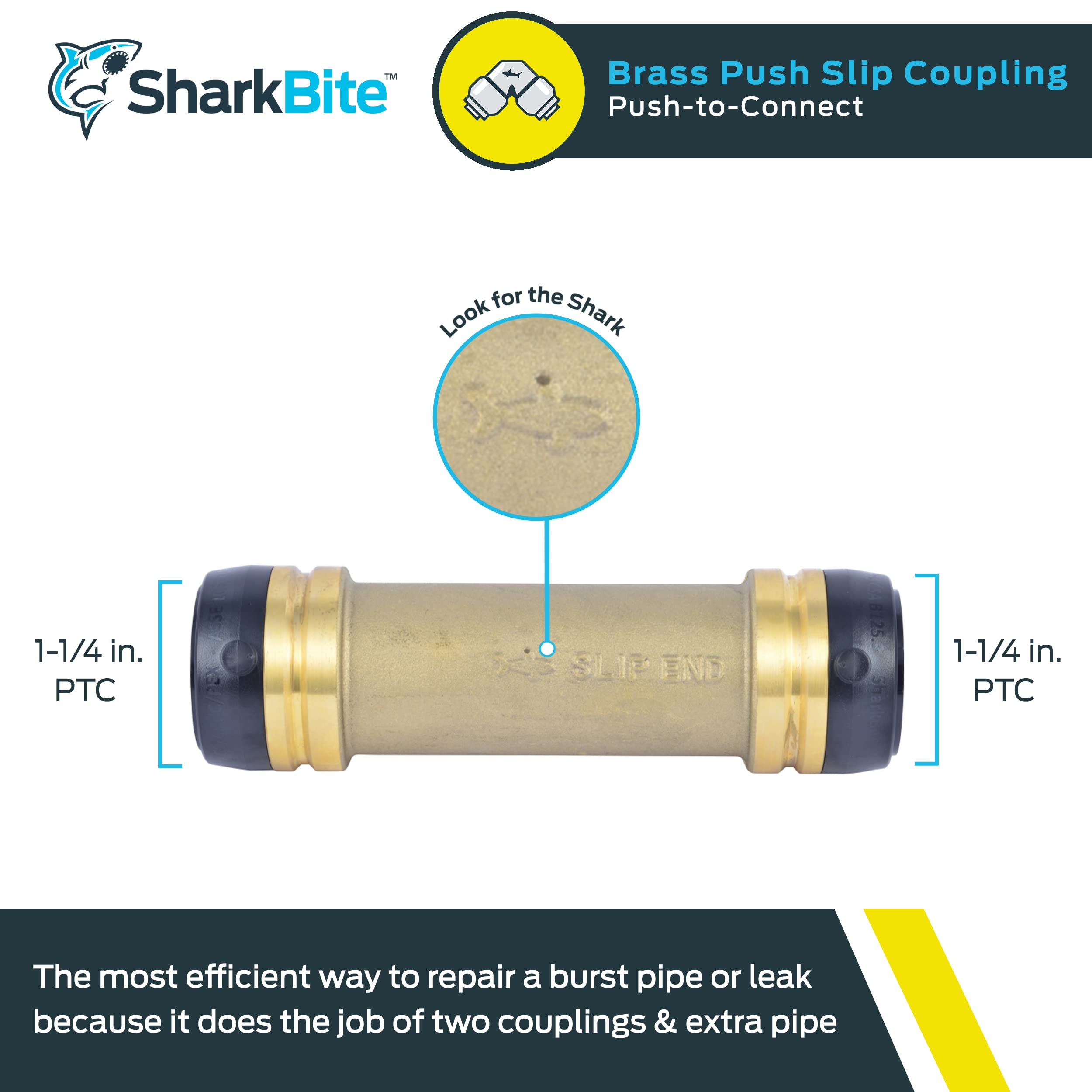 SHARKBITE SharkBite UXL0635 1-1/4 Inch Slip Coupling Push to Connect Brass Plumbing Fitting
