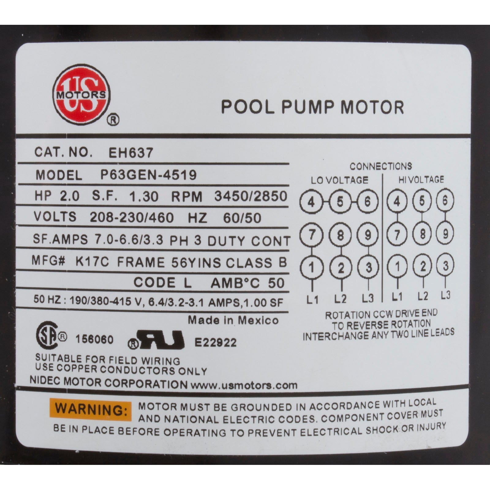 US MOTORS US Motors EH637 Motor, 2.0hp 208-230/460v, 1-SPD 56Yfr, SQFL, Full