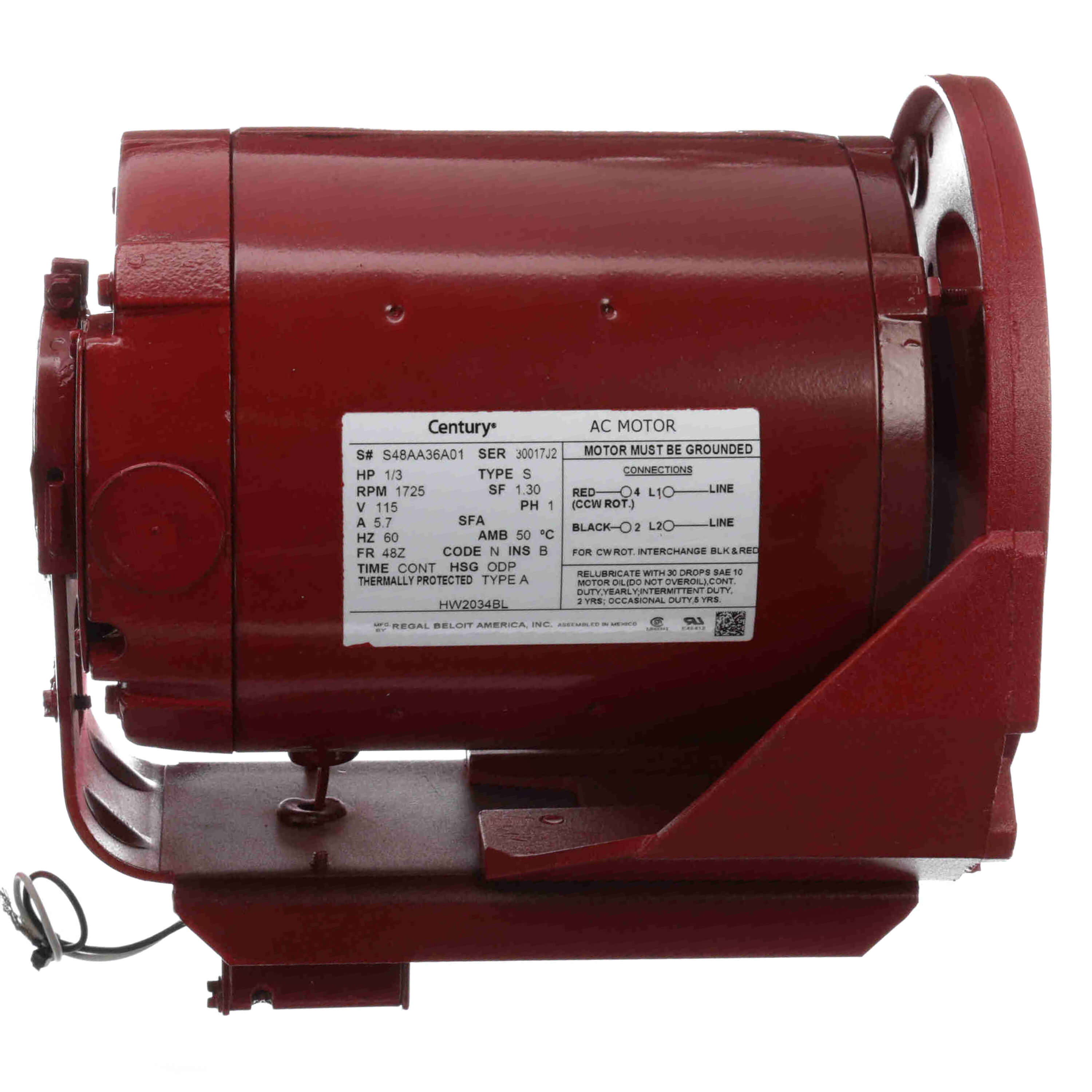 CENTURY MOTORS Century HW2034BL Hot Water Circulator Pump Motor 1/3 HP 115V 1725 RPM