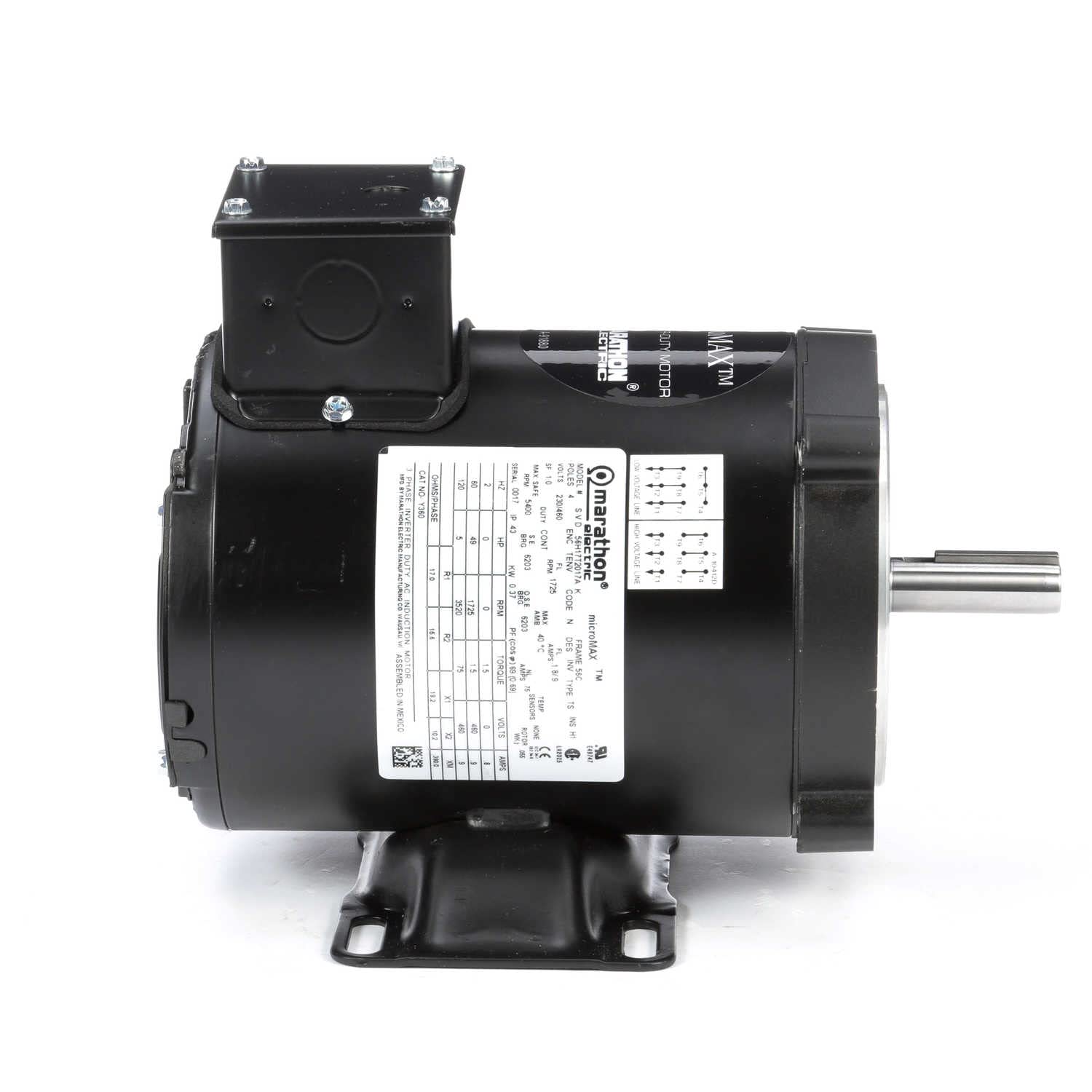 MARATHON MOTORS Marathon Electric MY360 Marathon Y360 56C Frame Totally Enclosed Non Vent 56H17T2017 Vector Duty Motor 1/2 hp 1800 RPM 230/460 VAC