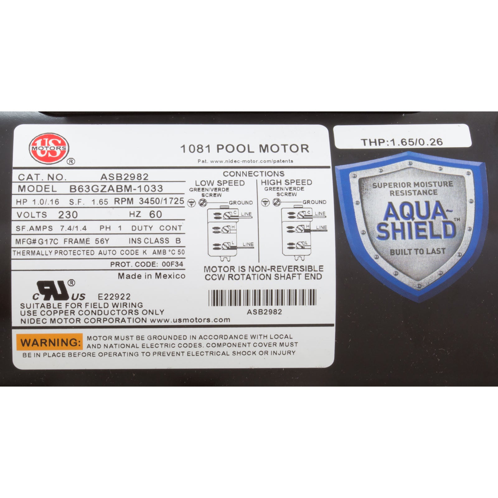 US MOTORS Nidec ASB2982 Motor, US Motor, 1.0hp, 230v, 2-SPD, 56Yfr, SQFL, Full