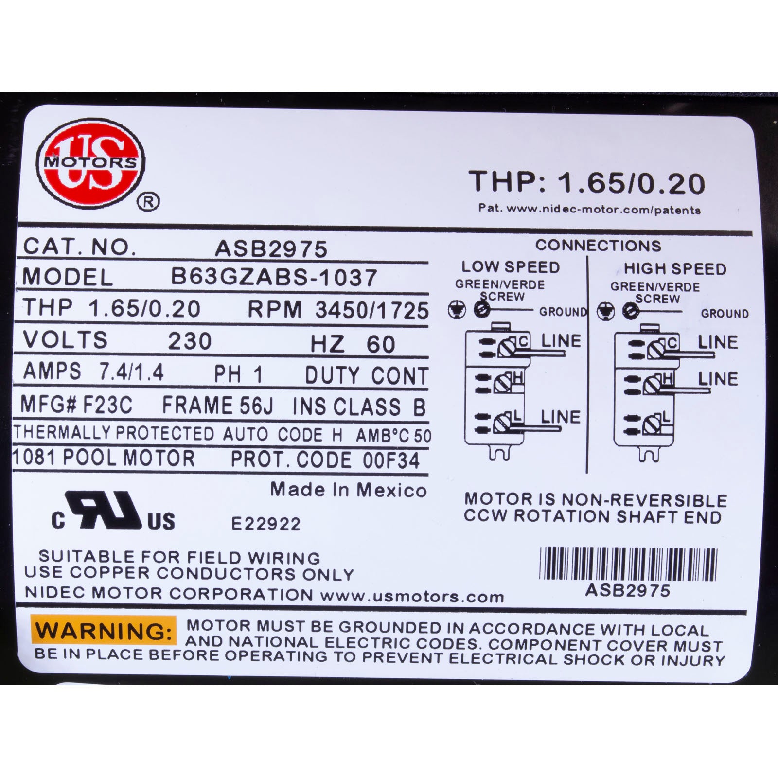 US MOTORS US Motors ASB2975 1 hp 2-Speed 56J Frame 230V 2 Speed Swimming Pool Motor