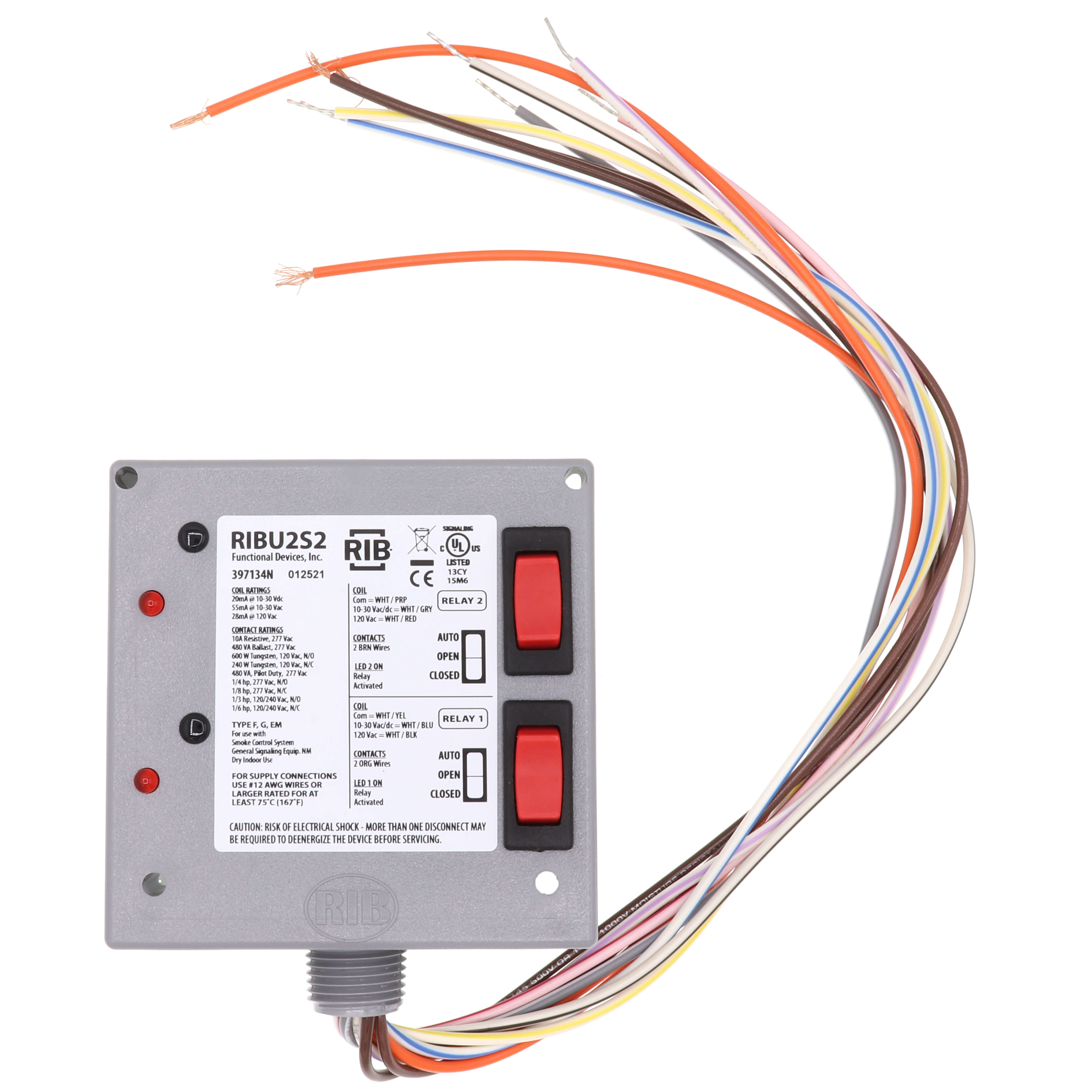 FUNCTIONAL DEVICES Functional Devices RIBU2S2 Enclosed Pilot Relay 10 Amp 2 SPST N/O 10-30 Vac/dc/120 Vac Coil