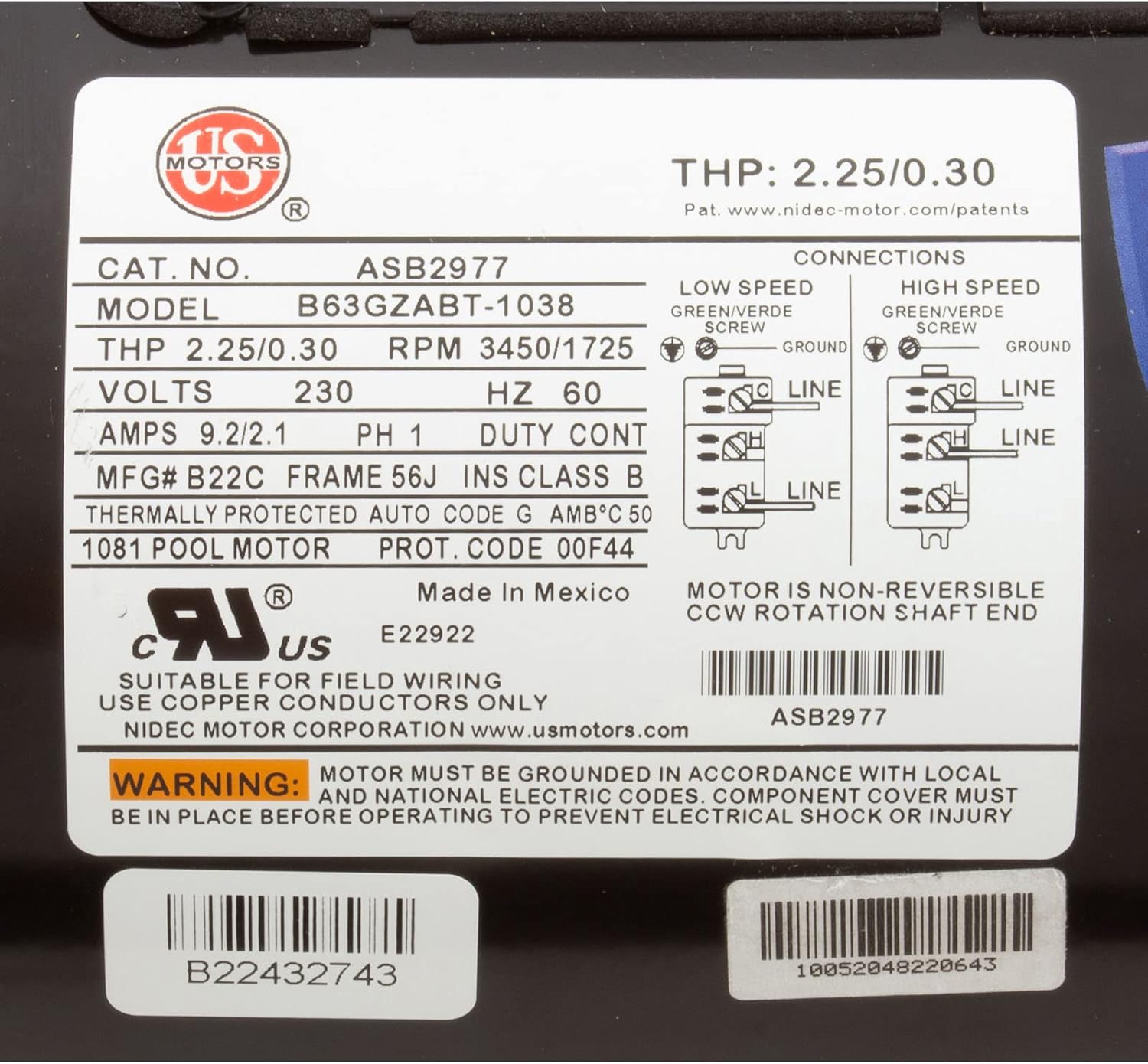 US MOTORS US Motors ASB2977 Emepool C-Face Motor 230V 56J