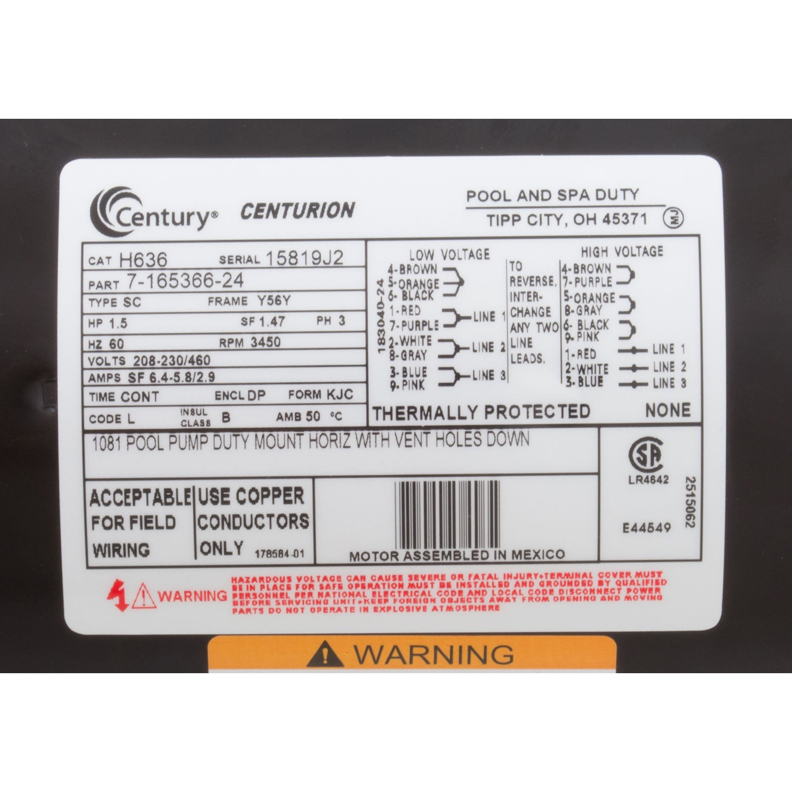 CENTURY MOTORS Century H636 56Y 3-Phase Squirrel Cage Pool & Spa Pump Motor 208-230/460V 3450 RPM 1-1/2 HP