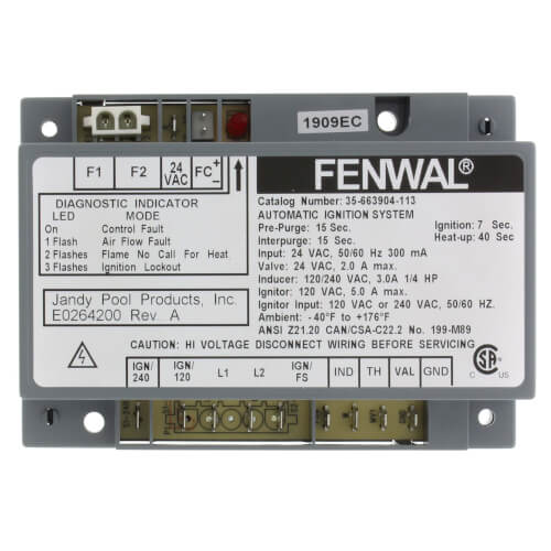 LAARS Fenwal 35-663904-113 Hot Surface Ignition Control 24v w/ 15 sec. Prepurge (7 sec. Ignition)