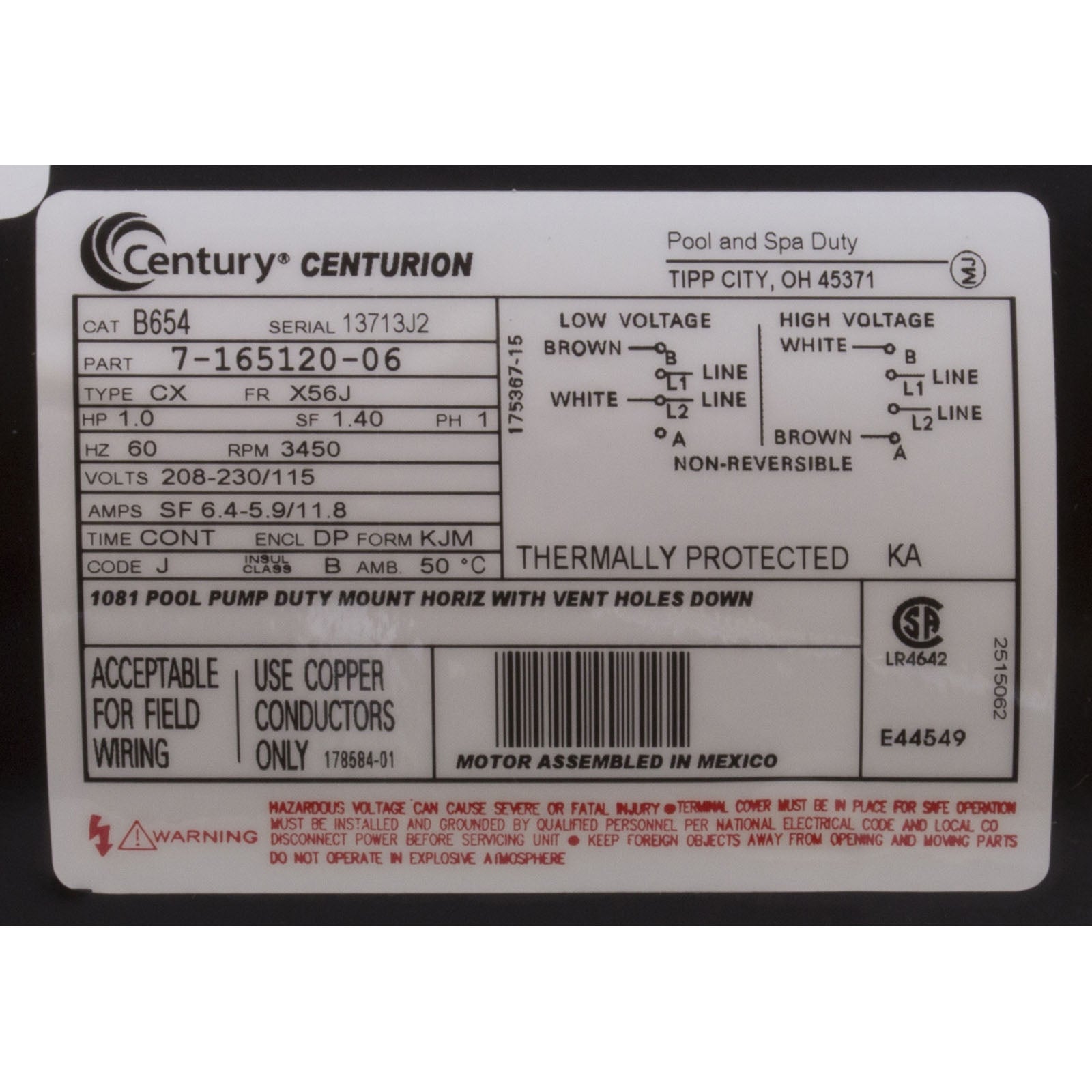CENTURY MOTORS Century B654 Pool Motor, 1 HP, 3450 RPM, 115/208-230VAC