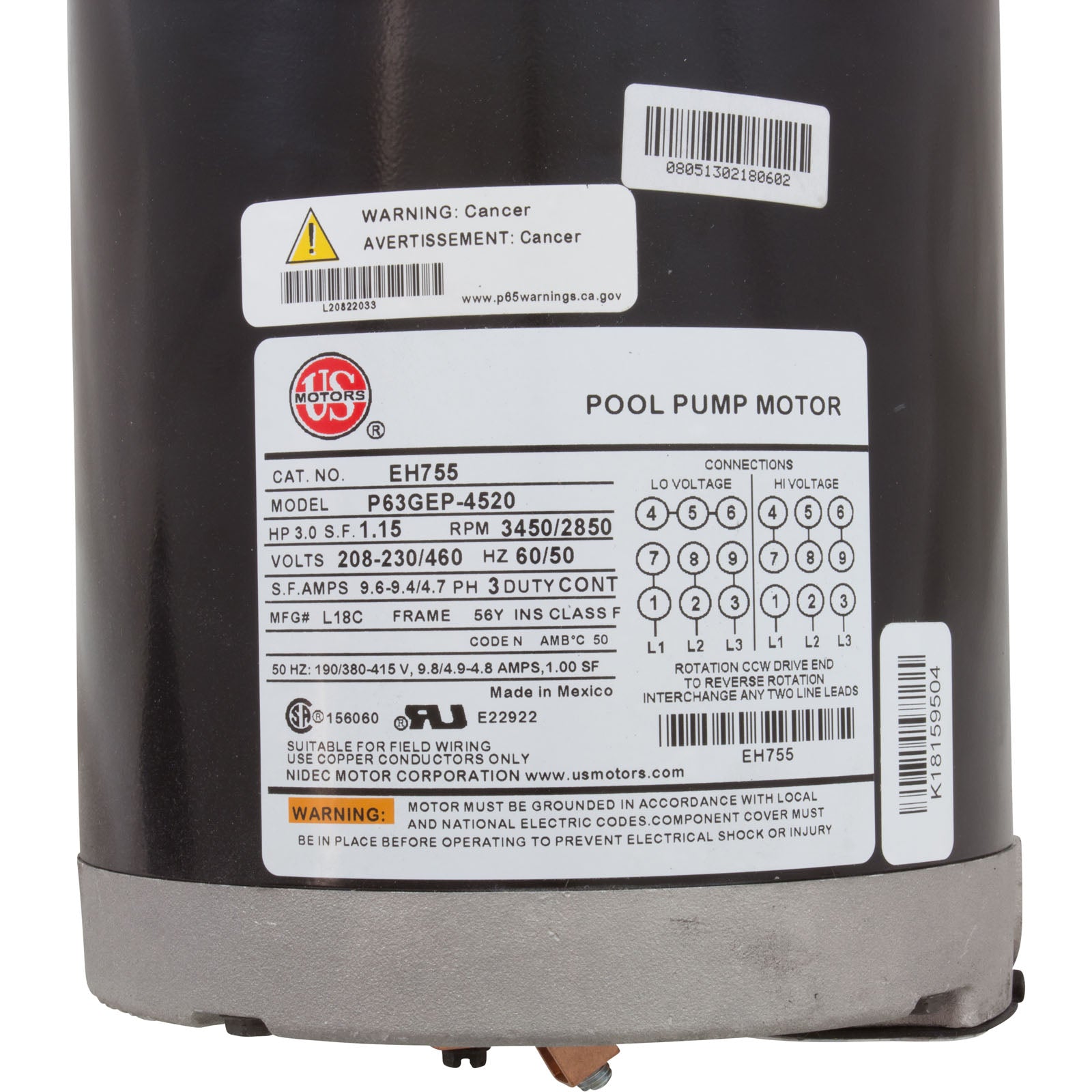 US MOTORS Nidec EH755 Pool and Spa Pump Motor 3HP 208/230/460V