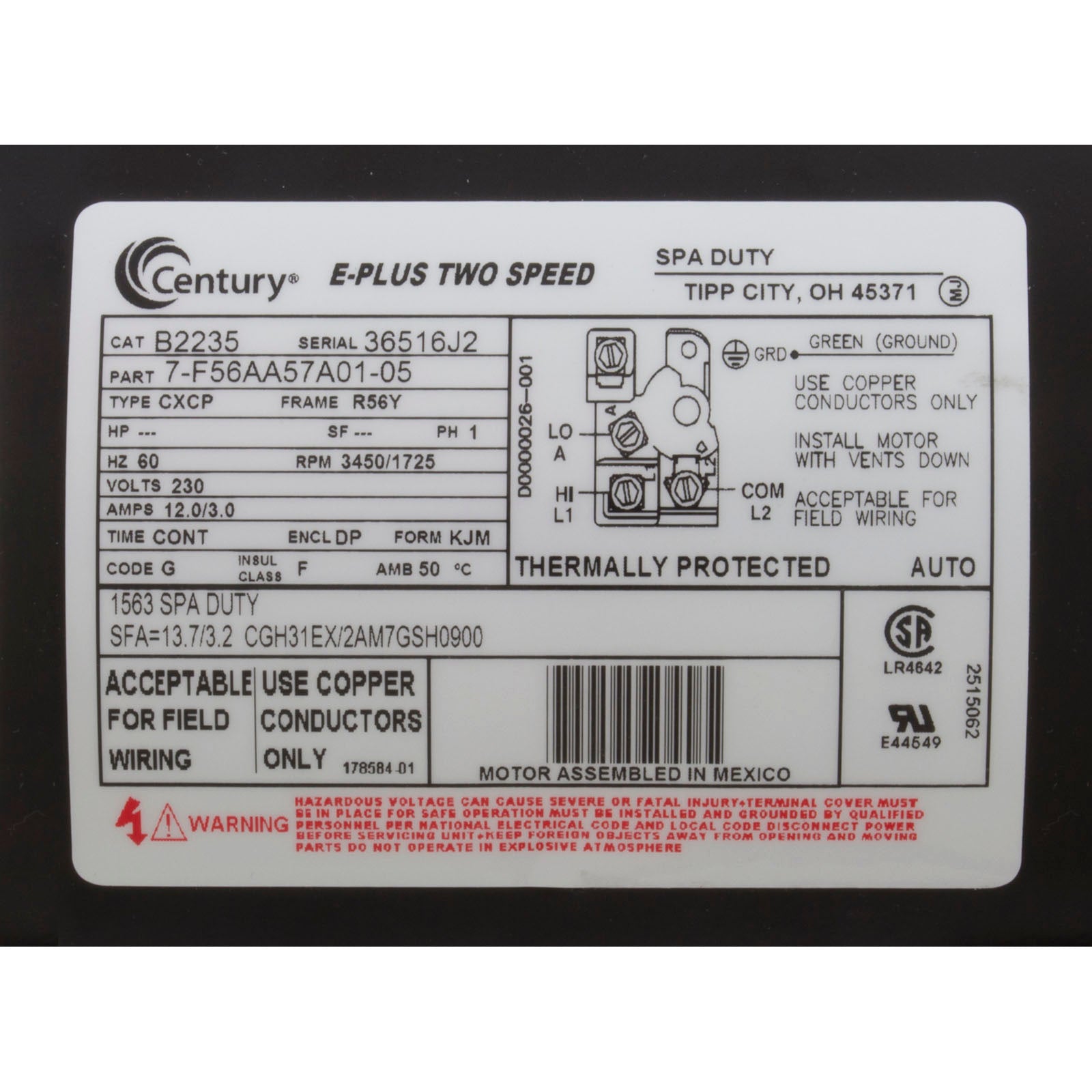 CENTURY MOTORS Century B2235 Pool Pump Motor 4 HP 2-Speed 230V 56Y Frame