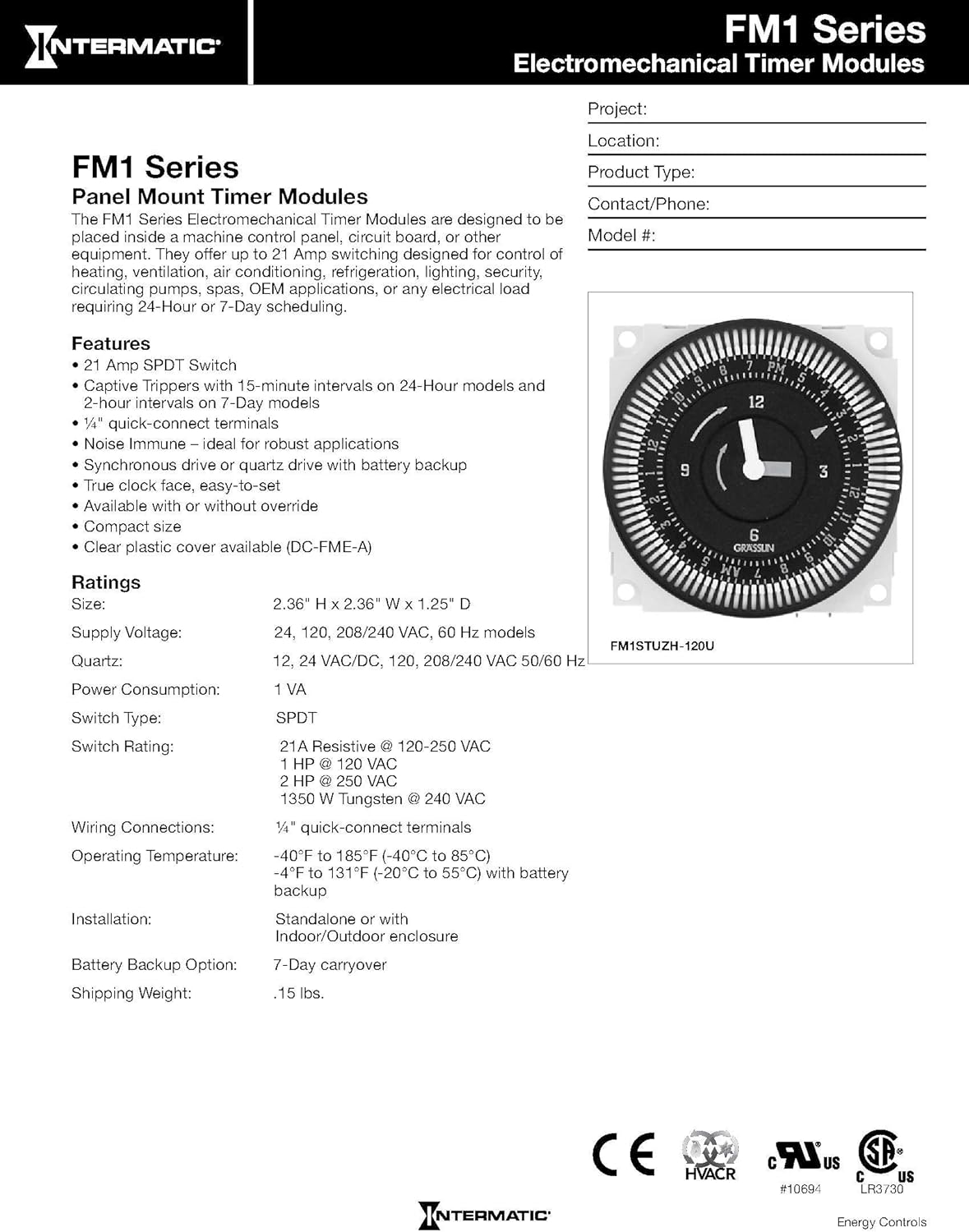INTERMATIC Intermatic FM1STUZH-240U 24-Hour 21A SPDT 240V Electromechanical Timer Module with Manual Override Switch