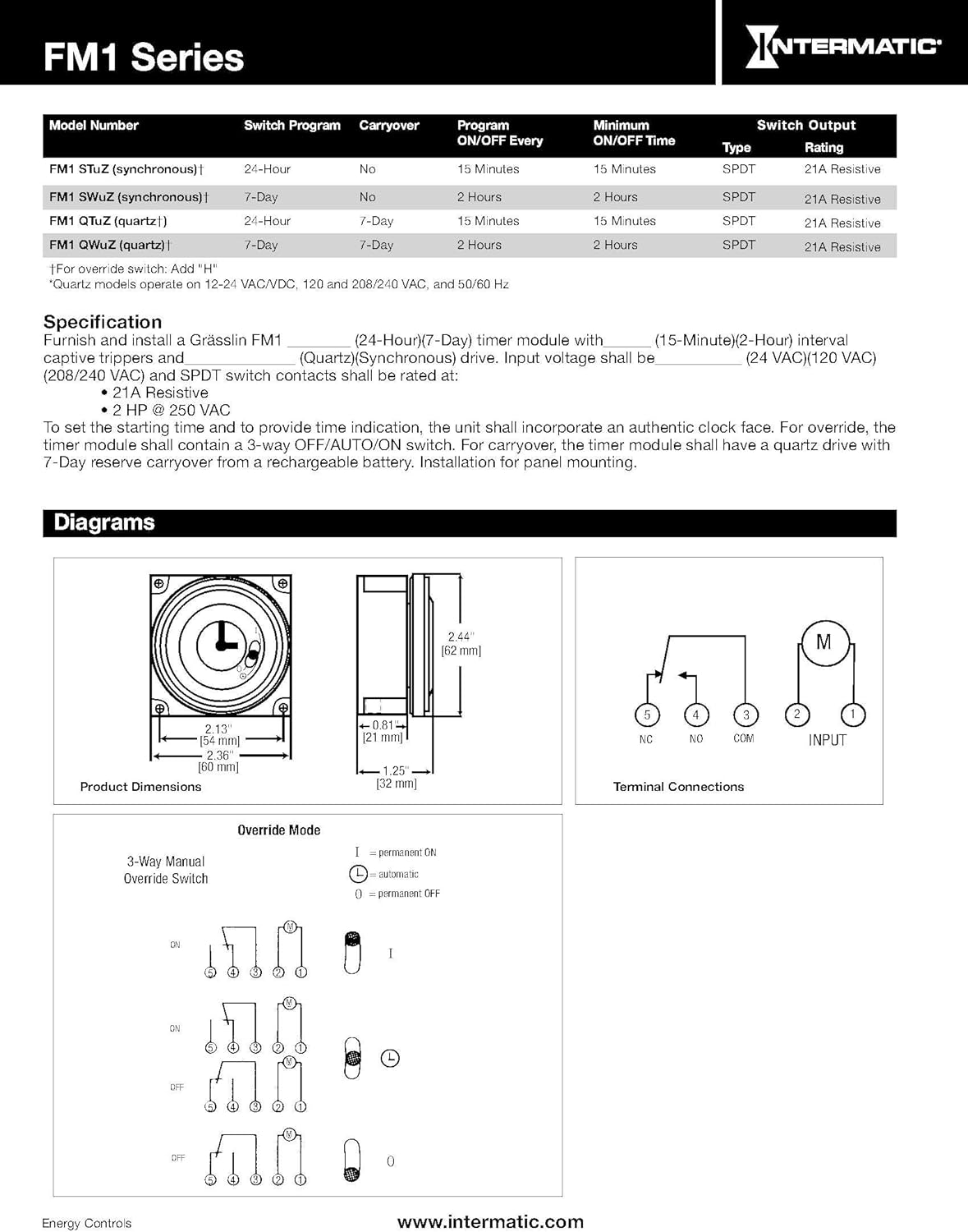 INTERMATIC Intermatic FM1STUZH-240U 24-Hour 21A SPDT 240V Electromechanical Timer Module with Manual Override Switch