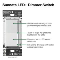 LUTRON Lutron STCL-153MH-WH Sunnata LED+ Touch Dimmer 150W LED 600W Incandescent/Halogen Single Pole/3 Way