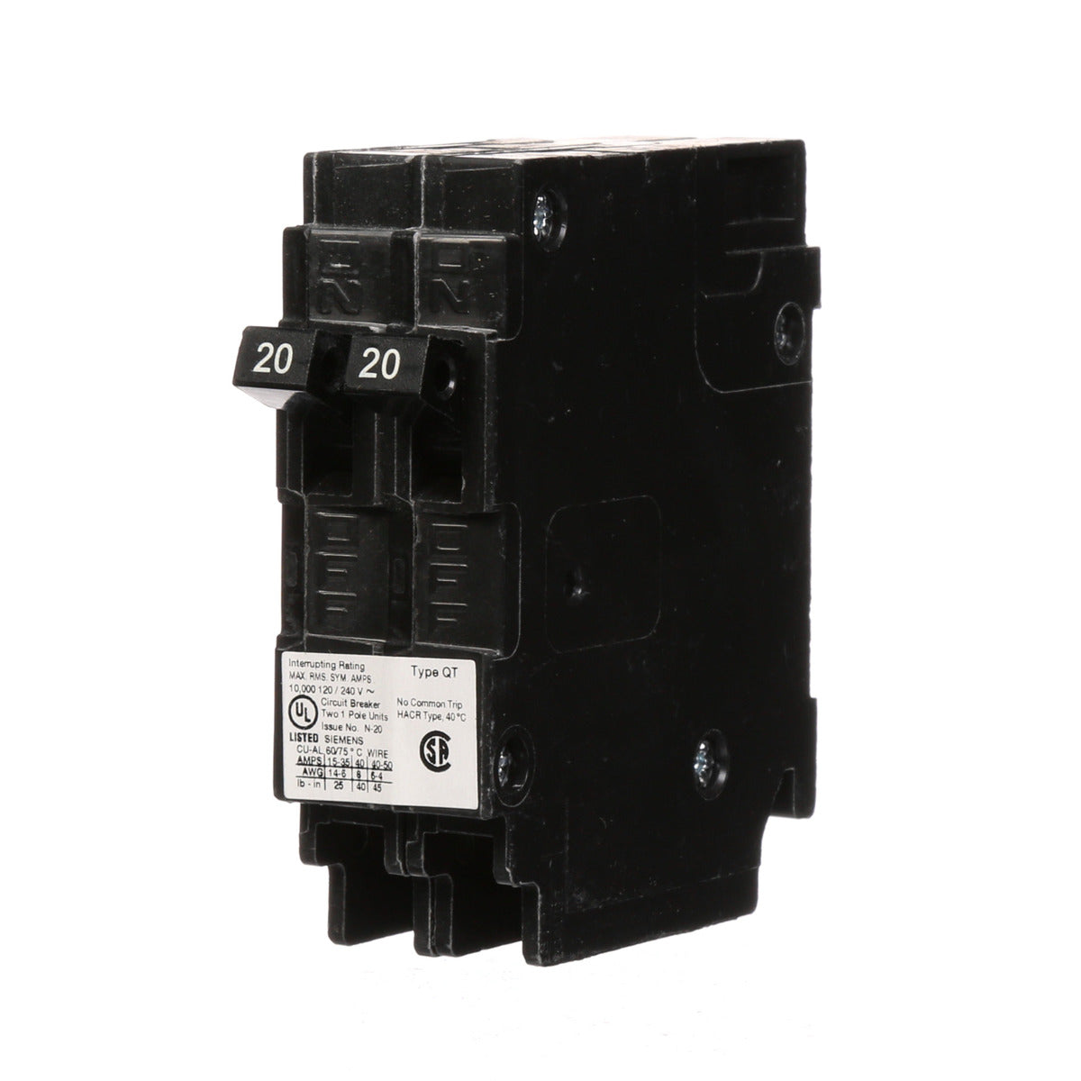SIEMENS Siemens Q2020NC Two 20-Amp Single Pole 120-Volt Non-Current Limiting Circuit Breaker