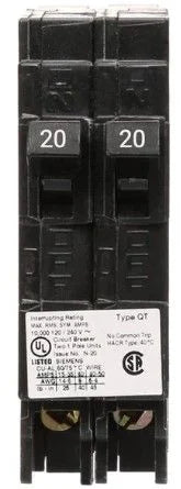 SIEMENS Siemens Q2020NC Two 20-Amp Single Pole 120-Volt Non-Current Limiting Circuit Breaker