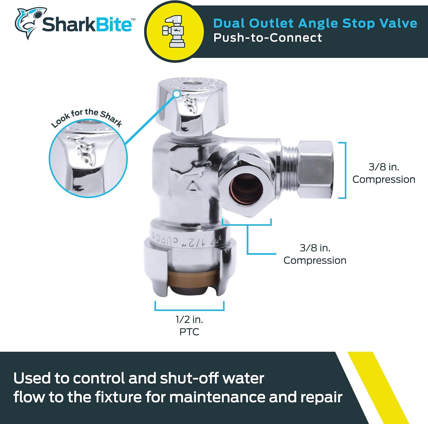 SHARKBITE SharkBite 25558LF 1/2 x 3/8 Inch Compression Dual Outlet Angle Stop Valve