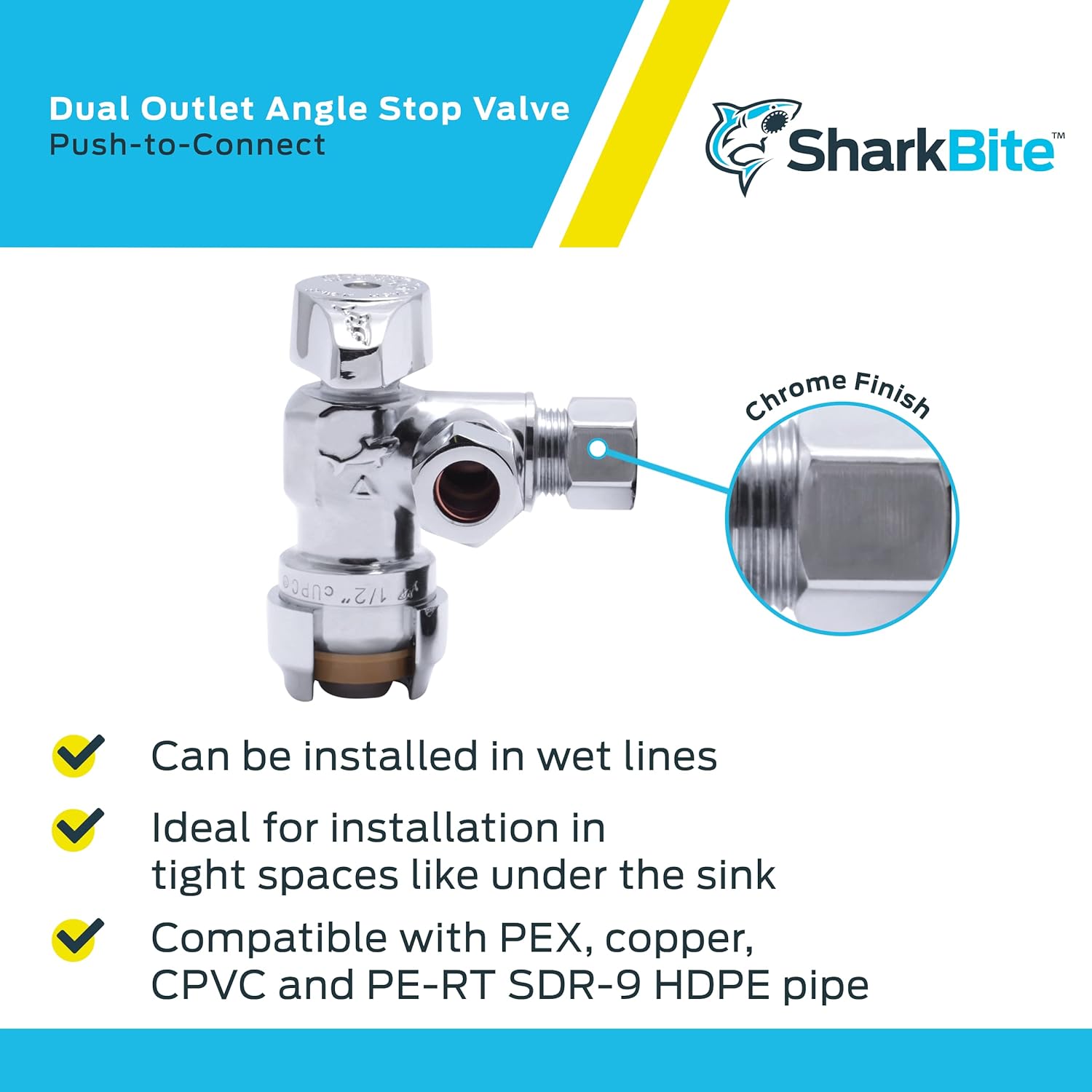 SHARKBITE SharkBite 25558LF 1/2 x 3/8 Inch Compression Dual Outlet Angle Stop Valve