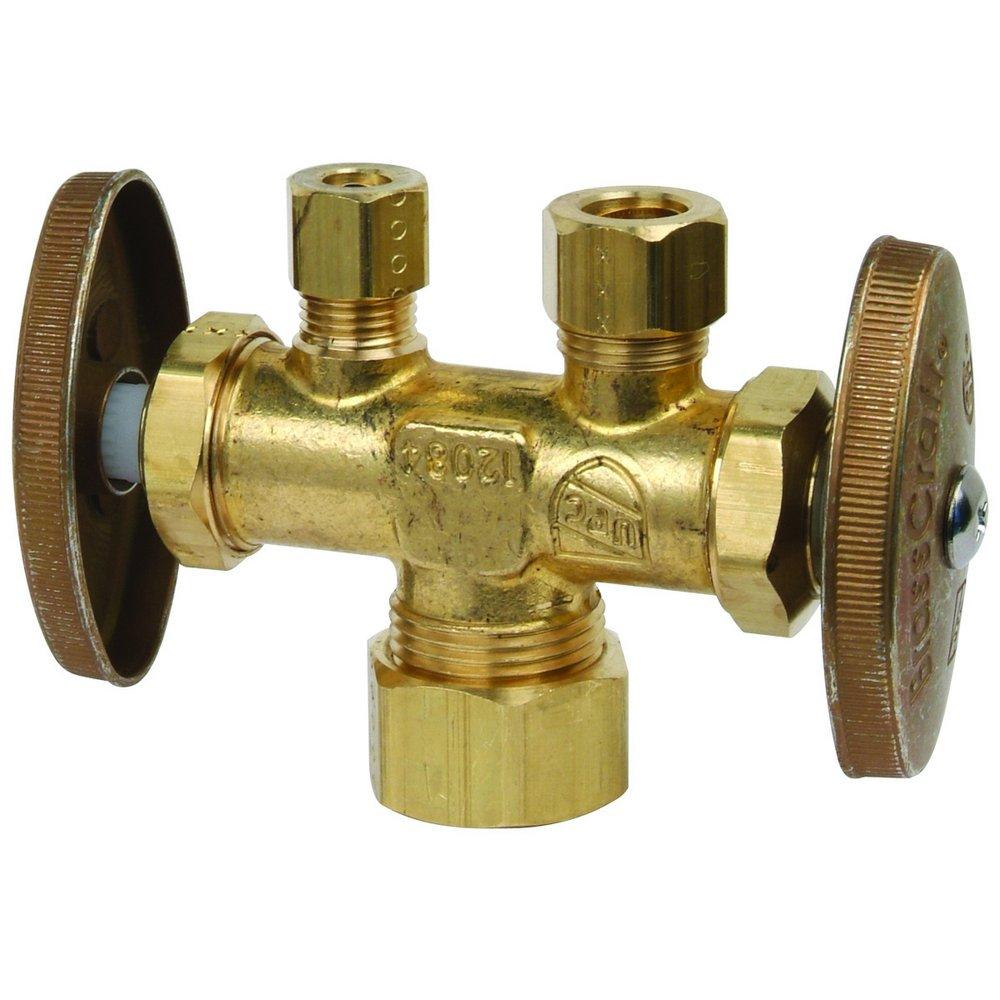 BRASSCRAFT BrassCraft CR1900DVSXR R 1/2 Nom Comp Inlet x 3/8 O.D. Comp x 1/4 O.D. Comp Dual Outlet Dual Shut-Off Multi-Turn Straight Valve