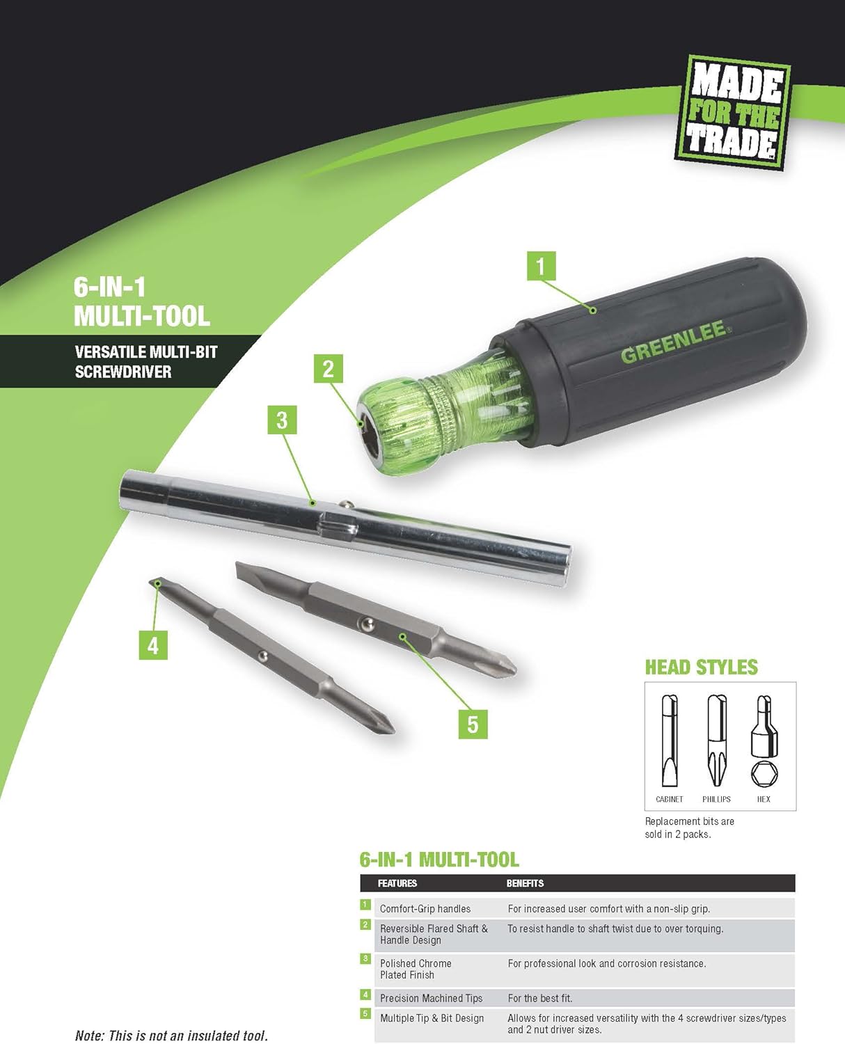 GREENLEE Greenlee 0153-42C 6-in-1 Multi-Tool Screwdriver with Flat-Tip, Phillips, and Hex Bits