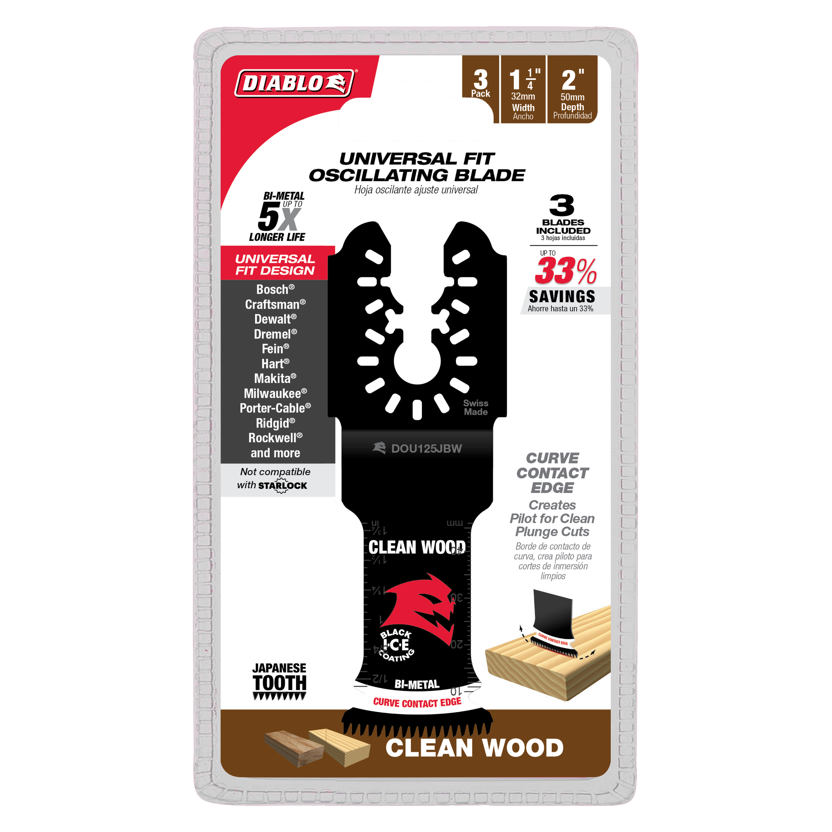 DIABLO Diablo DOU125JBW3 1-1/4 in. Universal Fit Bi-Metal Oscillating Blades for Clean Wood (3-Pack)
