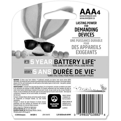 ENERGIZER Energizer NH12BP-4 Nickel-Metal Hydride AAA Battery, Rechargeable, 1.2V, 850mAh, 4-Pack