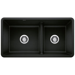 BLANCO BLANCO 442925 Precis 33 x 18 in No Hole Granite Composite Double Bowl Undermount Kitchen Sink in Coal Black