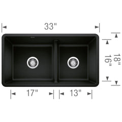 BLANCO BLANCO 442925 Precis 33 x 18 in No Hole Granite Composite Double Bowl Undermount Kitchen Sink in Coal Black