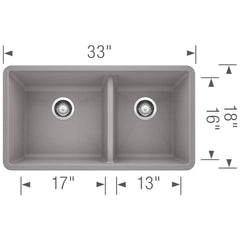 BLANCO BLANCO 441130 Precis 33 x 18 in. No Hole Composite Double Bowl Undermount Kitchen Sink in Metallic Gray