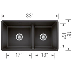 BLANCO BLANCO 442525 Precis 33 x 18 in. No Hole Composite Double Bowl Undermount Kitchen Sink in Anthracite