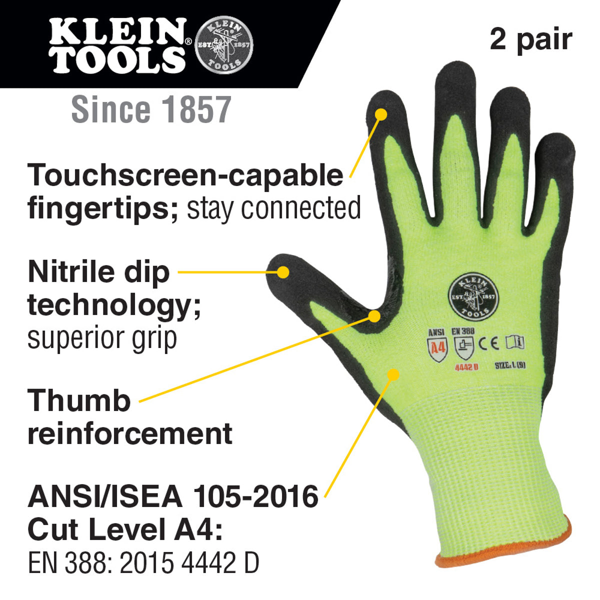 KLEIN TOOLS Klein Tools 60186 Work Gloves Cut Level 4 Touchscreen Large 2-Pair