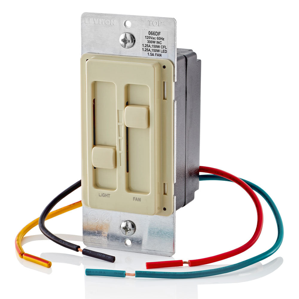 LEVITON Leviton 66DF-10I SureSlide Dual Quiet Fan and Light Control 150W-120VAC Dimmable LED and CFL 300W-120VAC Incandescent