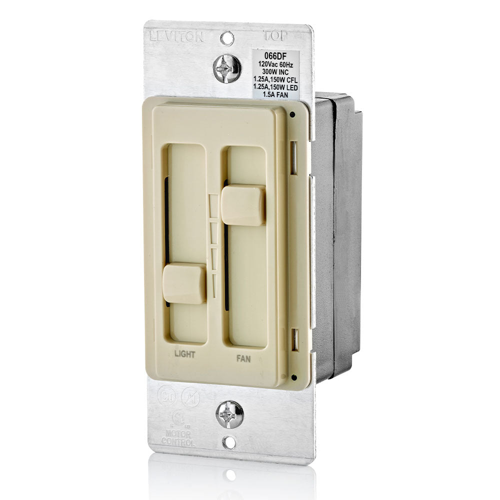 LEVITON Leviton 66DF-10I SureSlide Dual Quiet Fan and Light Control 150W-120VAC Dimmable LED and CFL 300W-120VAC Incandescent