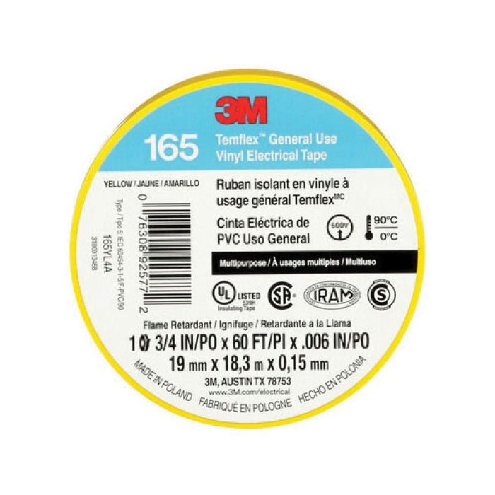 3M 3M 165YL4A Temflex Vinyl Electrical Tape, Yellow, 60 ft x 3/4 in