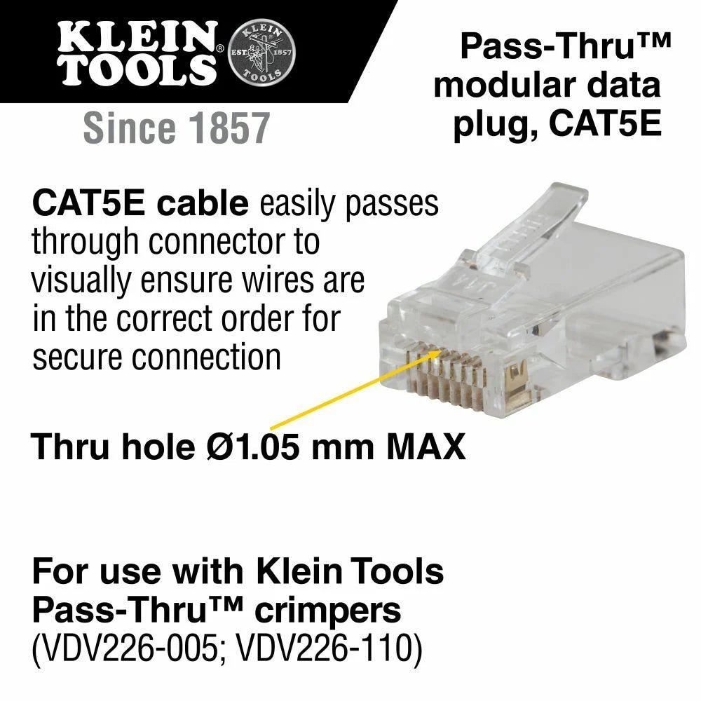 KLEIN TOOLS Klein VDV826-728 Pass-Thru Modular Data Plugs, RJ45-CAT5E, 10-Pack