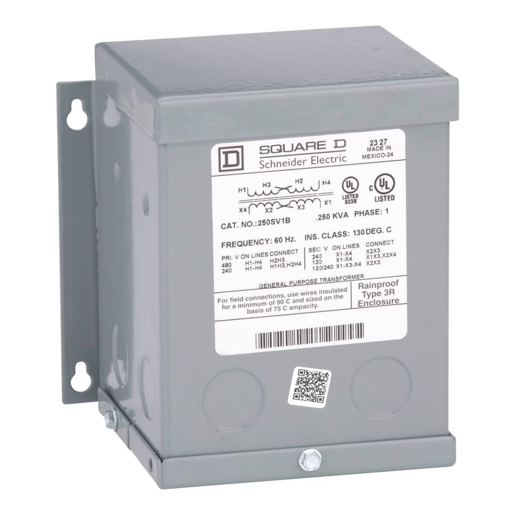 SCHNEIDER ELECTRIC Square D 250SV1B 240 x 480 VAC Primary 120/240 VAC Secondary 0.25 kVa Dry Type General Purpose Transformer