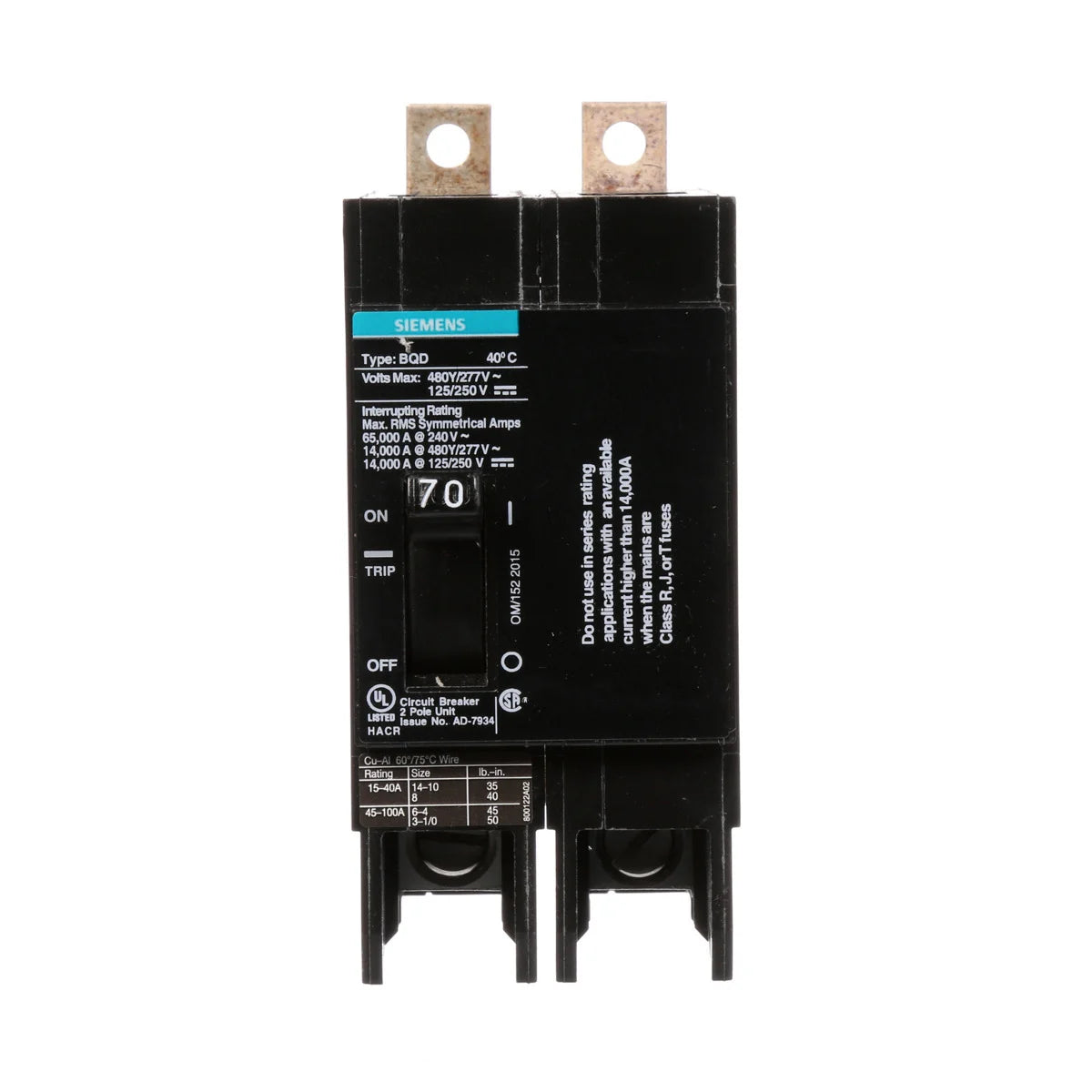 SIEMENS Siemens BQD270 2-Pole 70 Amp 480 VAC 14 kA Circuit Breaker