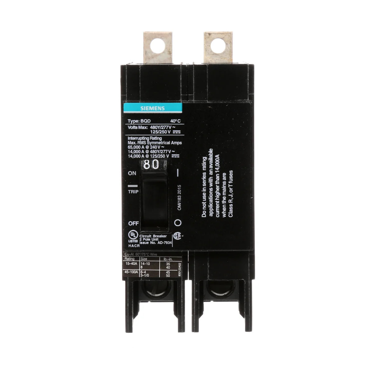 SIEMENS Siemens BQD280 2-Pole 80 Amp 480 VAC 14 kA Molded Case Circuit Breaker