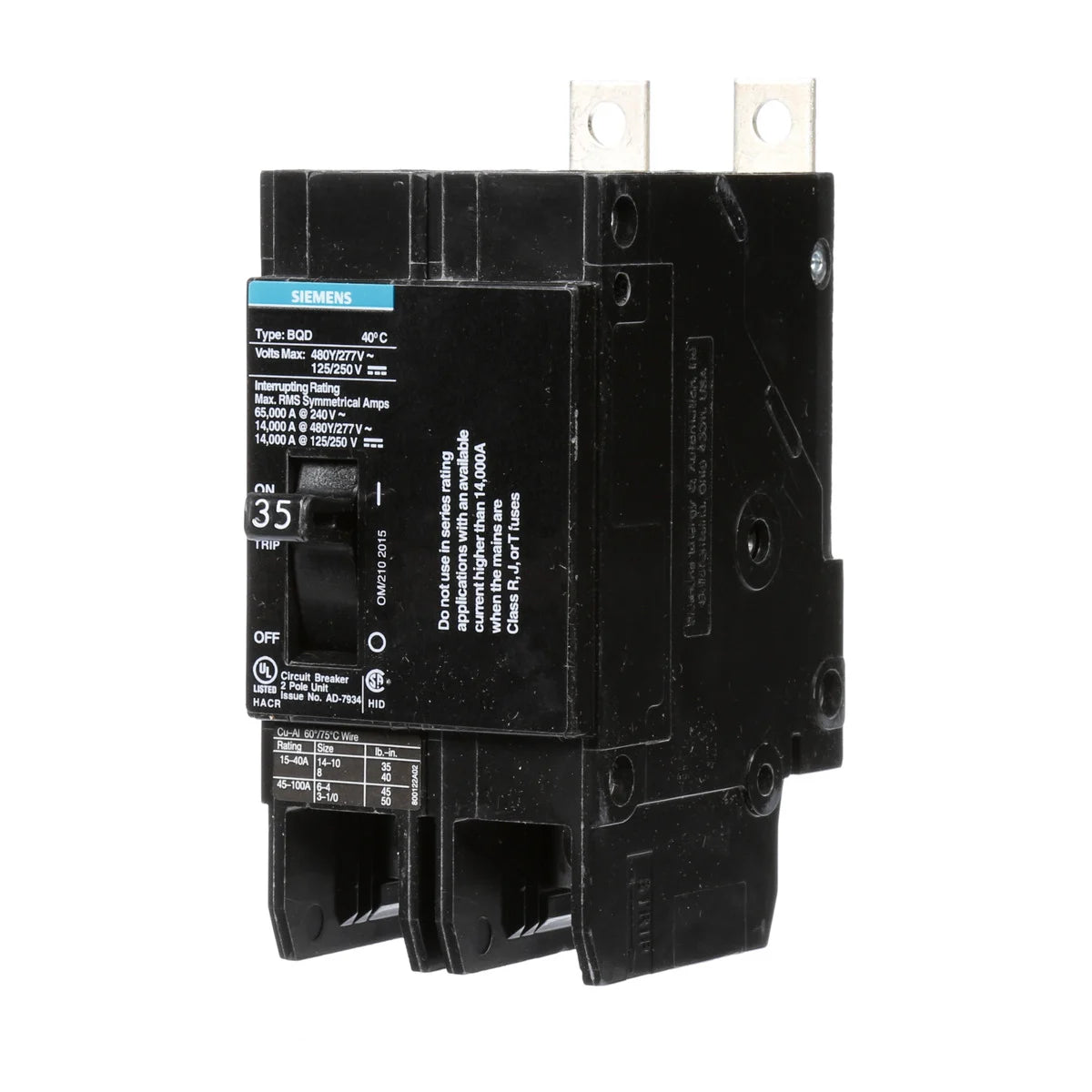 SIEMENS Siemens BQD235 2-Pole 35 Amp 480 VAC 14 kA Molded Case Circuit Breaker