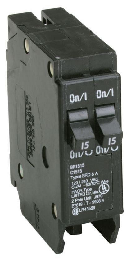 EATON EATON BR1515 Type BR Duplex Circuit Breaker, 120/240 VAC, (2) 15 A, 10 kA Interrupt, 1 Poles