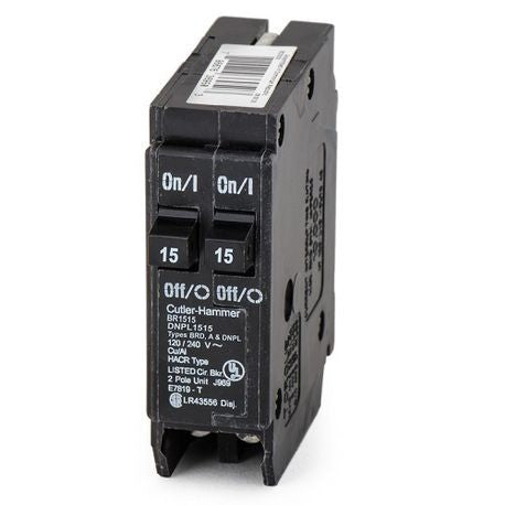 EATON EATON BR1515 Type BR Duplex Circuit Breaker, 120/240 VAC, (2) 15 A, 10 kA Interrupt, 1 Poles