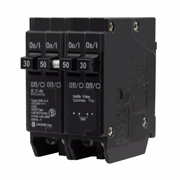 EATON EATON BQC230250 Type BQC Quadplex Circuit Breaker, 120/240 VAC, (1) 30 A, (1) 50 A, 10 kA Interrupt, 4 Poles