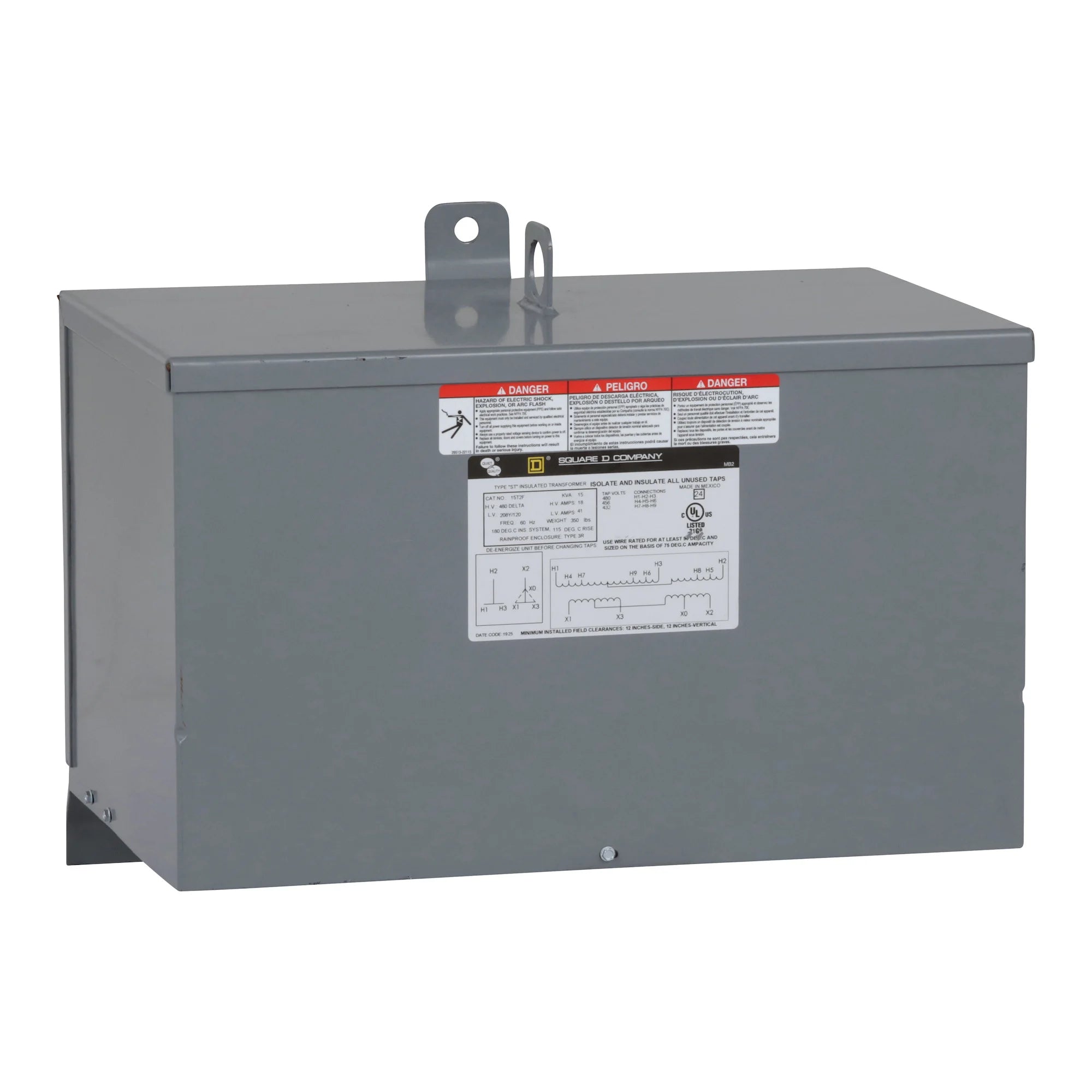 SCHNEIDER ELECTRIC Square D 15T2F Transformer, Dry Type, Encapsulated, 15kVA, 3 Phase, 480V Primary, 208Y/120V Secondary