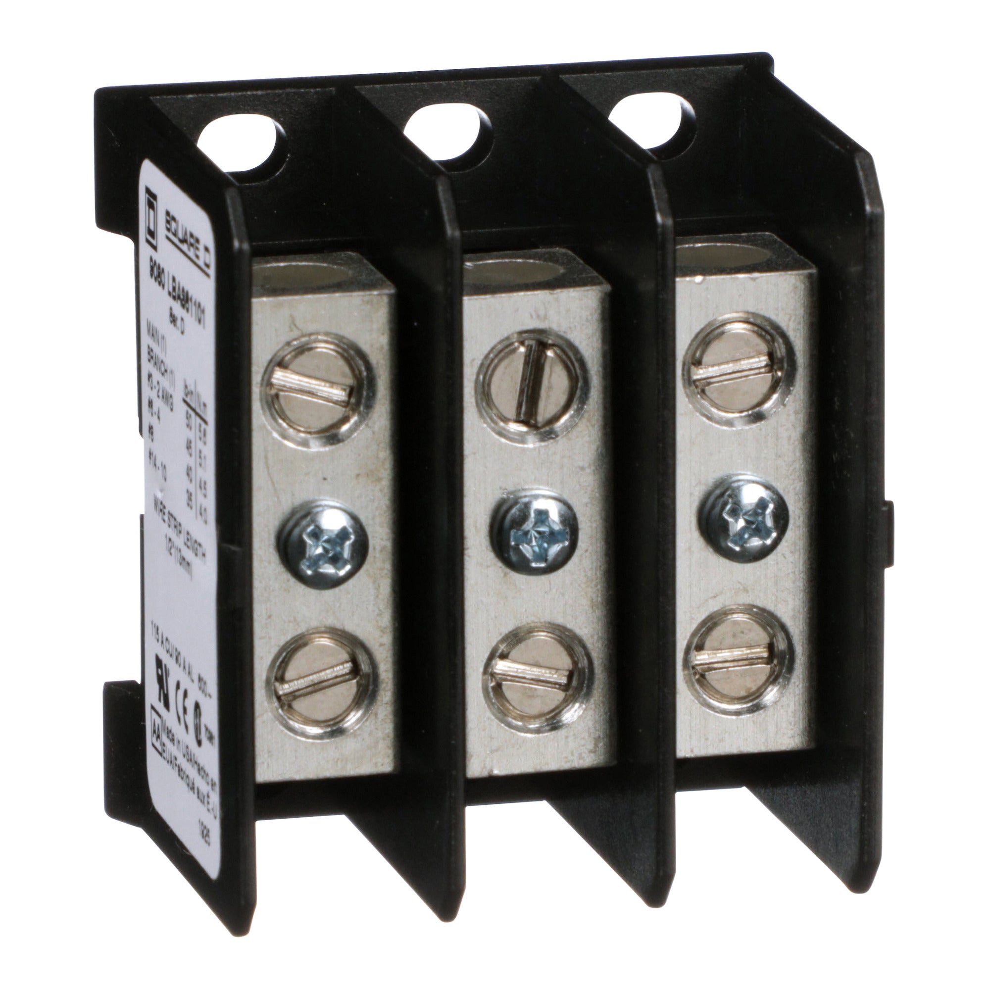 SCHNEIDER ELECTRIC Square D 9080LBA361101 Primary Thermoplastic 3-Pole Miniature Power Distribution Block 115 Amp 600 Volt