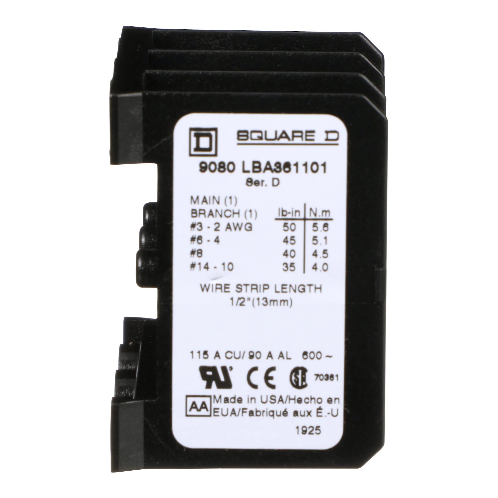 SCHNEIDER ELECTRIC Square D 9080LBA361101 Primary Thermoplastic 3-Pole Miniature Power Distribution Block 115 Amp 600 Volt