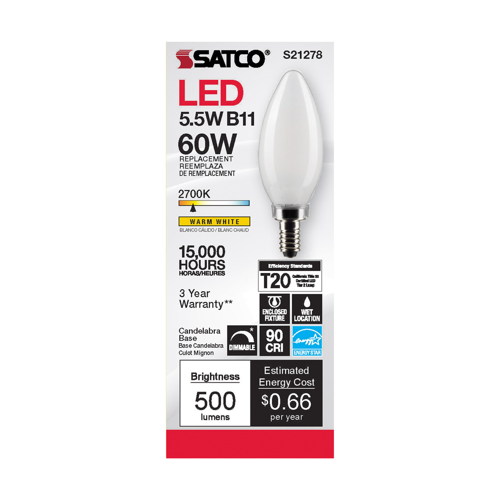 SATCO-NUVO Satco S21278 LED Lamp Power 5.5 Watt Size B11 Replacement MPN
